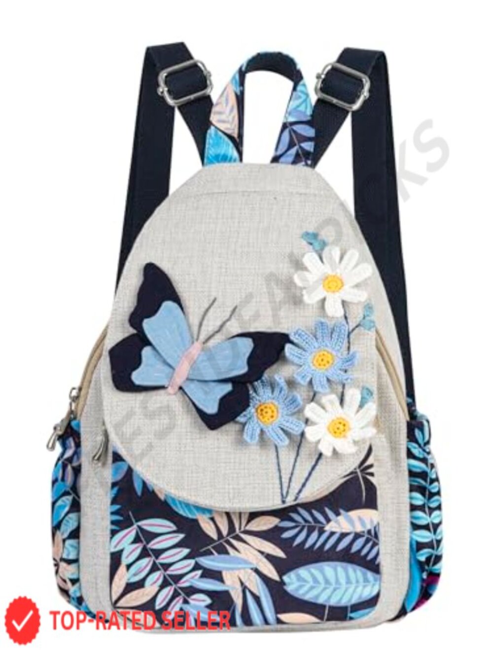 Washed Cotton-Linen Canvas Backpack with 3D Decoration, 9 Pockets, Adjustable